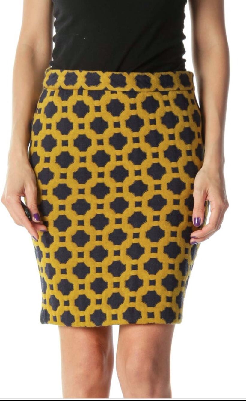 Anthropology Charlie & Robin Geometric Quilted Gold and Navy Pencil Skirt Size 4